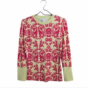 Sundance Waffle Knit Thermal Henley Long Sleeve Top Green Pink Damask Print XS